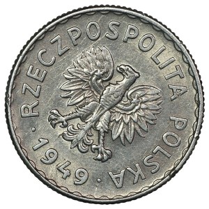 PRL, 1 złoty 1949, aluminium, Destrukt, skrętka około 30 stopni