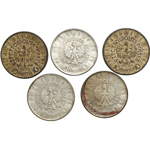 II RP, 10 złotych (1935-1936), Józef Piłsudski, zestaw 5 sztuk monet