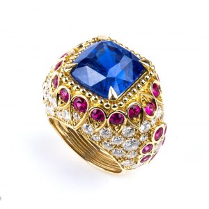 Burma Sapphire (no treated) Diamond and Ruby Dome Cocktail Ring