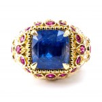 Burma Sapphire (no treated) Diamond and Ruby Dome Cocktail Ring