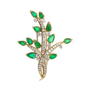 Gold emeralds and diamonds brooch