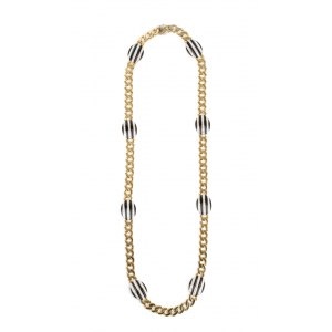 Long gold necklace with black enamel and diamonds