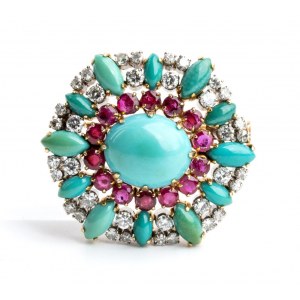Gold brooch with turquoise, rubies, and diamonds
