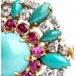 Gold brooch with turquoise, rubies, and diamonds