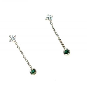 14K WHITE GOLD 1.36 GR DANGLE EARRINGS NATURAL DIAMONDS & EMERALD 0.32 CT 0.12 CT 2.5 CM EMMOLOGICAL CERTIFICATION MAROZ DIAMONDS LTD ISRAEL DIAMOND EXCHANGE MEMBER - ER40502