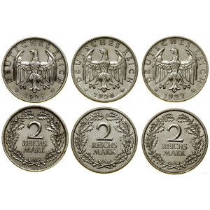 Niemcy, zestaw: 3 x 2 marki, 1925 A, 1926 G, 1927 A, Berlin, Karlsruhe