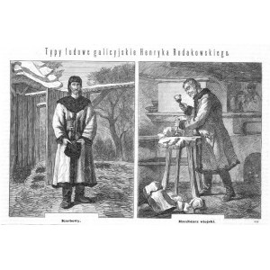 Galicja Wschodnia. Henryk Rodakowski: Typy ludowe galicyjskie. Karbowy; Rzeźbiarz wiejski, drzeworyt 1875 Ukraina