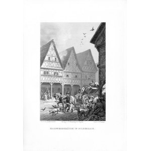 Bolków. Fachwerkgebäude in Bolkenhain, staloryt z akwafortą 1885 p. Jawor