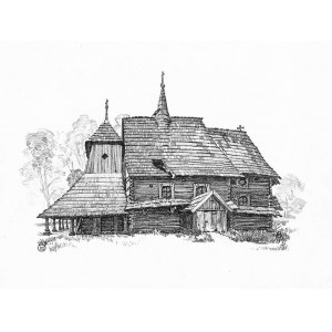 Łagiewniki Wielkie. Wiktor Gosieniecki: Kościółek, autolitografia 1925 p. Lubliniec