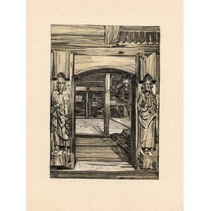 Łagiewniki Wielkie. Wiktor Gosieniecki: Oddrzwia i wnętrze kościoła, autolitografia 1925 p. Lubliniec