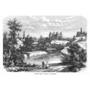 Ukraina. Korsuń. Widok parku i pałacu w Korsuniu, drzeworyt 1863