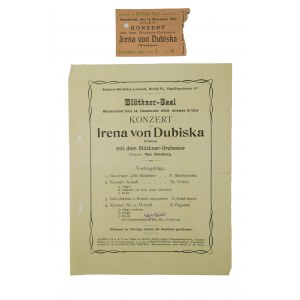 Program i oryginalny bilet z koncertu wybitnej polskiej skrzypaczki Irena Dubiska [1899-1989], 14.12.1912