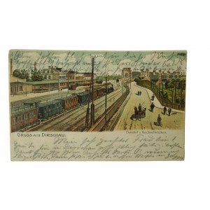 [Tczew] Gruss aus Dirschau / Pozdrowienia z Tczewa Bahnhof und Weichselbrücken [Dworzec i most na Wiśle], długi adres [vorlaufer], 1904r., [Szcz]