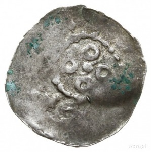 denar z I połowy XI w.; Aw: Cztery kółka wokół centraln...