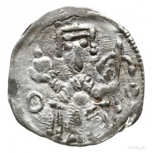 denar z lat 1157-1166; Aw: Cesarz siedzący na tronie na...