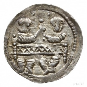 denar z lat 1146-1157; Aw: Dwaj książęta siedzący wspól...