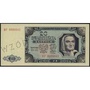 20 złotych 1.07.1948, seria HF, numeracja 0000042; perf...