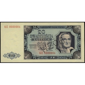20 złotych 1.07.1948, seria KE, numeracja 0000004; perf...
