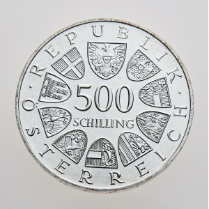 Rakousko, 500 schilling 1985, 500 Jahre Heilligsprechung Markgraf Leopold III, průměr 38 mm, váha 24 g, Ag 925/1000