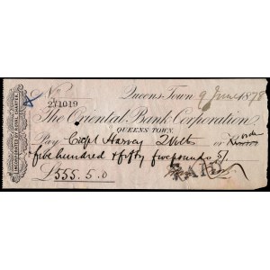 South Africa. Check Oriental Bank 555 Pounds 1878