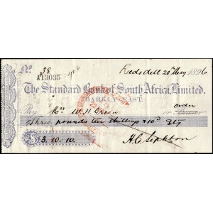 South Africa. Check Standard Bank 3 Pounds 1896