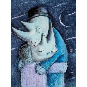 Józef Wilkoń (b.1930), Rhinoceros in Love work from the series Rhinoceros Blue, 2022 Limited inkography