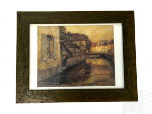 Henri Le Sidaner (1862-1939) - “Stół w Ogrodzie na Słońcu”, “Stół i Dom”, “Most w Gisors”: Trzy Małe Reprodukcje w Drewnianych Ramkach