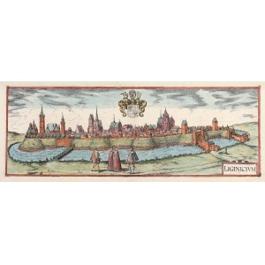LEGNICA. Panorama miasta, pierwotnie zamieszczona na jednym arkuszu z panoramą Nysy, wyd. G. Braun i F. Hogenberg, 1572-1618.