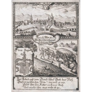 ZABIELE. Panorama miasta, scena emblematyczna i herb von Hagen; 1731 r.