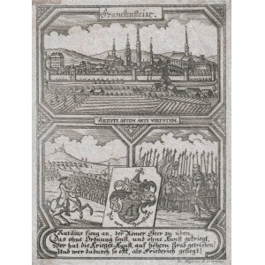 ZĄBKOWICE ŚLĄSKIE. Panorama miasta, sceny emblematyczne i herb von Bornstädt; po 1731 r.