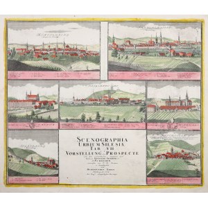 ZIĘBICE, ZĄBKOWICE ŚLĄSKIE, KAMIENIEC ZĄBKOWICKI, KARNIÓW (Krnov w Czechach), HENRYKÓW, SREBRNA GÓRA, ZŁOTY STOK. Panoramy miast na wspólnym arkuszu; F.B. Werner, 1737-1752.