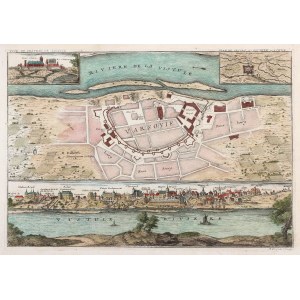 WARSZAWA, ŁOWICZ. Plan Warszawy z panoramą miasta od str. Wisły; A. Coquart, N. de Fer, 1700-1735.