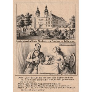 PRÓSZKÓW (pow. opolski). Renesansowy zamek (później Królewska Akademia Rolnicza), poniżej scena małżeńska; A. Göhde, 1877.