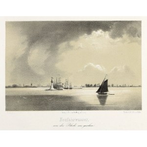GDAŃSK, NOWY PORT. Widok na Nowy Port z redy; rys. i lit. J. Greth, odbili bracia Delius, wyd. T. Bertling, ok. 1860.