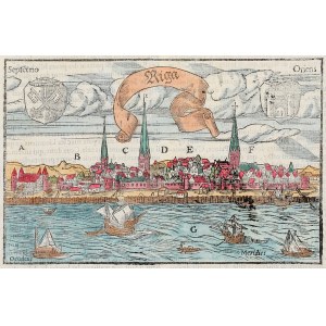 RYGA (łot. Rīga). Panorama miasta; karta z: S. Münster, Cosmographia […], edycja franc.; wyd. H. Petri, 1544-1628.