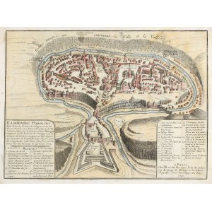 KAMIENIEC PODOLSKI. Widok Kamieńca Podolskiego z lotu ptaka, pokazuje twierdzę po oblężeniu tureckim z 1672 r.; wyd. N. De Fer, 1691 r.