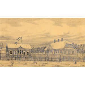 LIDA. Rys. ołówkiem przedstawiający dwa budynki; rys. A. Jahn (sygn. w dole), 1916.