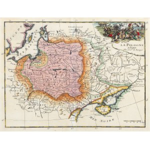 POLAND, LITHUANIA. Map of the First Commonwealth, showing the division into Greater Poland, Lesser Poland, Courland, Lithuania, Volhynia, and Podolia; battle scene; engraved and published by Le Rouge, G. Louis, 1748.