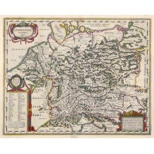 POLSKA, NIEMCY. Mapa ziem polskich i niemieckich; na podstawie A. Orteliusa, ryt. P. Kaerius, wyd. J. Janssonius, ok. 1635.