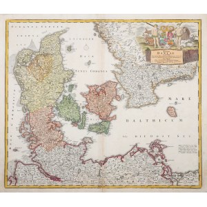DANIA. Mapa Królestwa Danii; obejmuje część Pomorza z wyspami Wolin i Uznam oraz Kamieniem Pomorskim; wyd. J.B. Homann, po 1702.