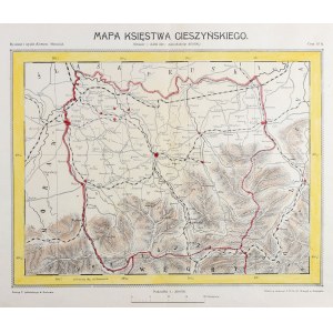 CIESZYN. Mapa Księstwa Cieszyńskiego; rys. i wyd. K. Matusiak, fototypia T. Jabłońskiego w Krakowie, odbito w drukarni T.D.N. (P. Mitręgi) w Cieszynie, okres międzywojenny.