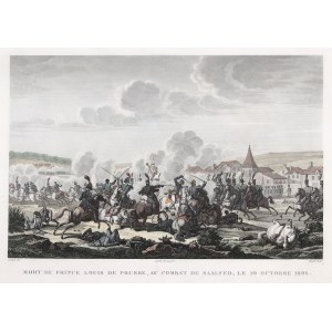 SAALFELD (Turyngia). Śmierć księcia Ludwika Ferdynanda (I) Hohenzollerna w czasie bitwy pod Saalfeld (10 października 1806); ryt. Pigeot według J.F.J. Swebacha, trawił F.L. Couche, 1840-1860.