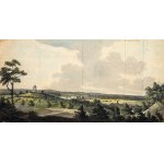 NIETKÓW, ZIELONA GÓRA. Rozległa panorama (po obu stronach arkusza) Nietkowa k. Zielonej Góry z widokiem na Odrę i statki; akwarela z pocz. XIX w.