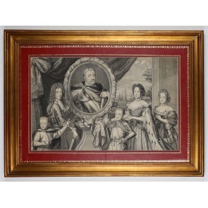 WILANÓW. JAN III SOBIESKI (1629-1696). Wielkoformatowy portret rodzinny władcy z żoną i dziećmi; B. Farjat 1693; miedzioryt.