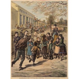 WIELKOPOLSKA. Koniec karnawału - ostatki w małej miejscowości w ówczesnej Prowincji Poznańskiej; rys. F. Jüttner, ryt. E. Rau (?), ok. 1880.