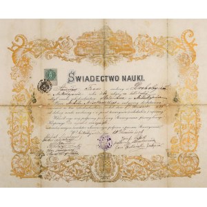 DROHOBYCZ, MIKOŁAJÓW. Świadectwo nauki stolarstwa odbytej w Mikołajowie dla Stanisława Froma urodzonego w Drohobyczu; 1866 r.