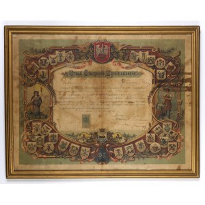 IZBICA (pow. krasnostawski). Dyplom cechowy wydany przez Urząd Starszych Zgromadzenia Ziednoczonych Stolarzy, Bednarzy i Stelmachów w Izbicy, zaświadczający o uznaniu Jana Jóźwiaka z Ościska Wielkiego (?) za mistrza; 1923 r.