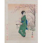 Nakajima Shunkō (1868 - 1912), wyd. Aoki Tsunesaburō, Kwiecień - zielone kimono, z cyklu „Nowoczesne piękności”, Osaka, 1895