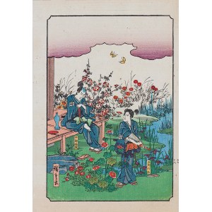 Utagawa Hiroshige (1797 - 1858), wyd. Yoshikawa Kobunkan, W ogrodzie pięknych kwiatów, z cyklu „Opowieść o braciach Soga - Soga Monogatari”, Tokio, 1917