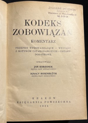J. KORZONEK, I. ROSENBLUTH - Kodex závazků [1934].